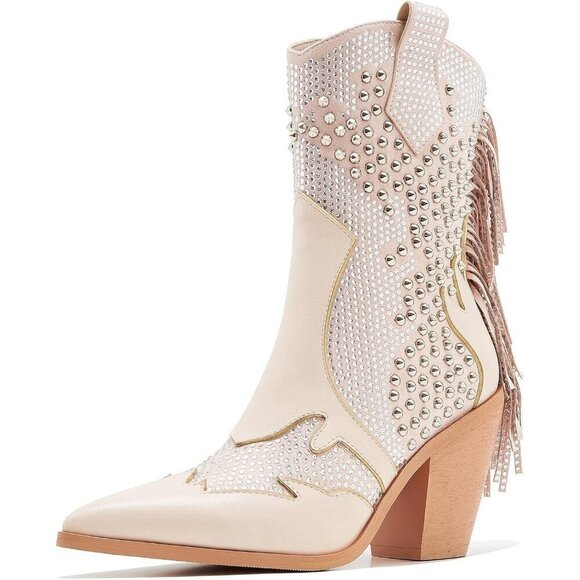 ✨ Becknad Ankle Boots Women Cream Polyurethane (PU) Chunky Heel Rhinestone Boots - Picture 1 of 7